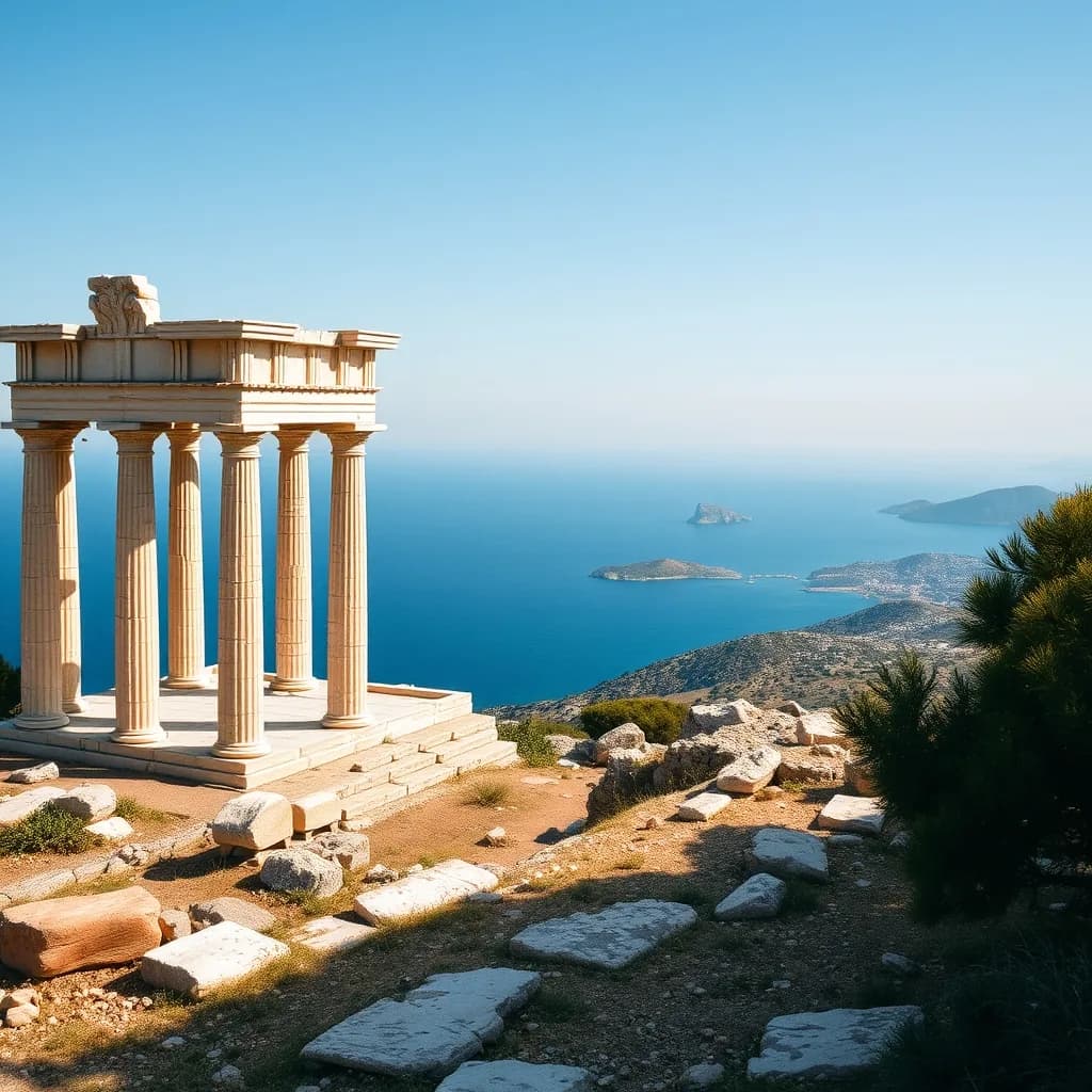 Assos Athena Tapınağı sütunları arasından Edremit Körfezi manzarası