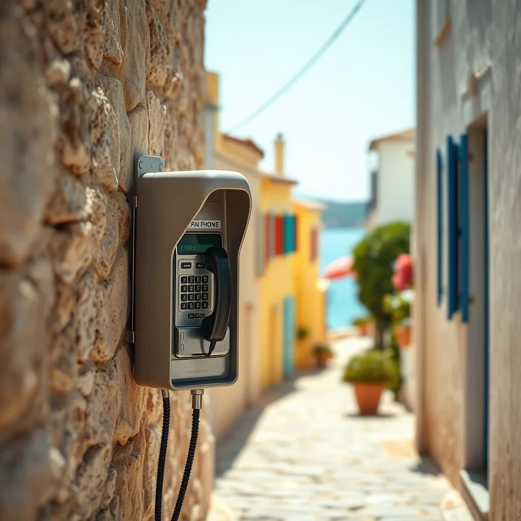 Bozcaada sokaklarında yer alan eski tip bir ankesörlü telefon ve arka planda tarihi Rum evleri