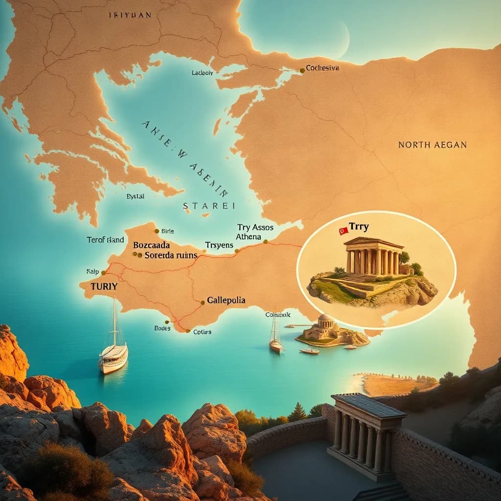 Bozcaada çevresindeki tarihi ve turistik yerlerin harita üzerindeki görünümü ve antik kalıntılar