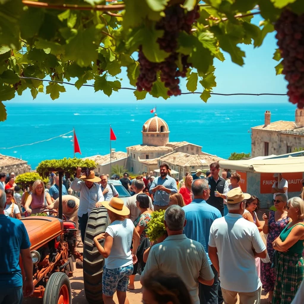 Bozcaada bağ bozumu festivali sırasında traktör korteji ve kutlamalar