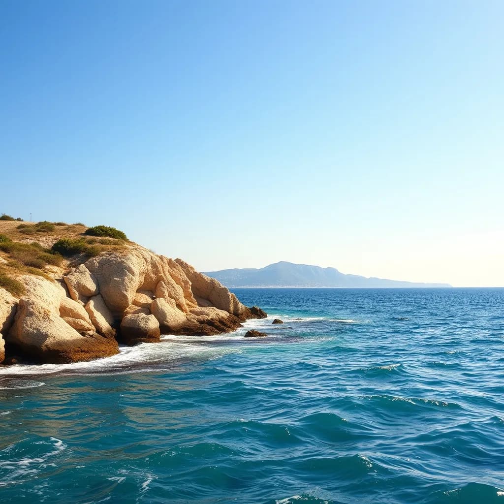 Bozcaada'da rüzgarlı bir günde dalgalı deniz ve güneşli gökyüzü manzarası